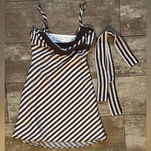 Never Worn Beginning Boutique Diagonal Striped Mini Dress in Brown and White